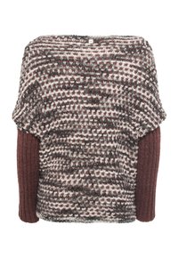 Maglione chunky a maglia con un frontale e torso testurizzati in marrone, bianco e grigio, caratterizzato da maniche lunghe in costina marrone scuro.
