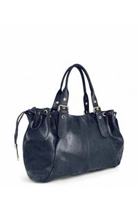 Sac à main en cuir noir avec deux anses robustes, accents en métal doré et un haut froncé avec fermeture à cordon. Texture lisse avec un léger éclat.