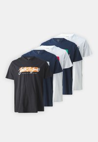 Set of four t-shirts: black, navy blue, white, and a navy with red accents. Cotton material, short sleeves, and crew neck design.