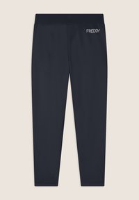 Leggings atléticos en navy con una textura suave y cintura elástica, con la palabra "FREDDY" bordada en blanco en el costado.