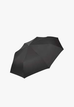 Parapluie noir à huit panneaux, texture lisse et sommet arrondi. Comprend un moyeu central et une poignée droite pour une prise en main facile.