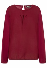 Blusa bordeaux a maniche lunghe con scollo rotondo, pieghe davanti, dettaglio a chiave sul retro e polsini elastici. Tessuto dalla finitura liscia.