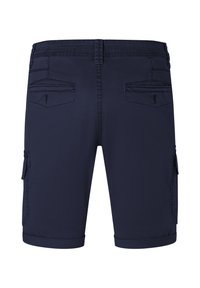 Navy cargo shorts with folded hems, two back pockets, and side cargo pockets. Made of textured fabric, featuring tonal stitching.