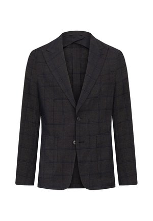 Blazer a scacchi blu navy con tessuto testurizzato, caratterizzato da revers a punta, due bottoni e due tasche frontali. Interno foderato in un colore solido.