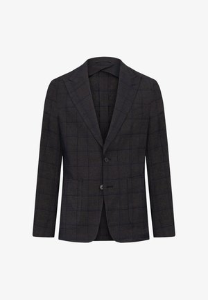 Navy checkered blazer with a textured fabric, featuring a notched lapel, two buttons, and two front pockets. Interior lined in solid color.