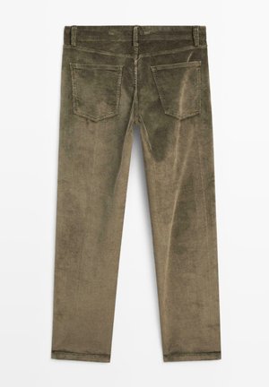 Olive green corduroy trousers with a smooth texture, straight leg design, and two back pockets featuring rectangular flaps.