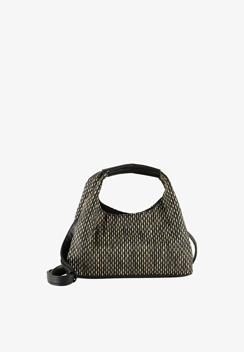 Black and cream patterned handbag with a slouchy design, curved handle, and a detachable shoulder strap. Textured fabric and smooth accents.