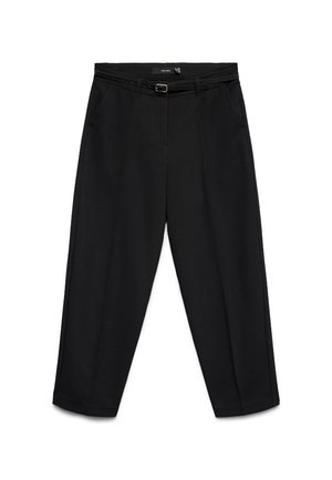 Crne hlače visokog struka, krojene, s tankim remenom, bočnim džepovima i bez vidljivih kopči, prikazane položene na bijeloj pozadini.