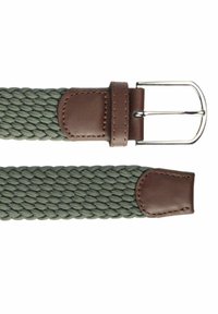 Punottu vihreä vyö, joka on tehty tekstiilistä ja jossa on ruskeat nahkaosat sekä hopea metallisolka. Vyössä on sileä pinta ja kestävä muotoilu.