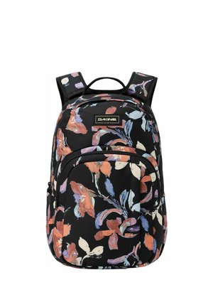 Mochila negra Dakine con estampado floral multicolor, correas de hombro acolchadas, bolsillo frontal con cremallera y asa superior para transportar.
