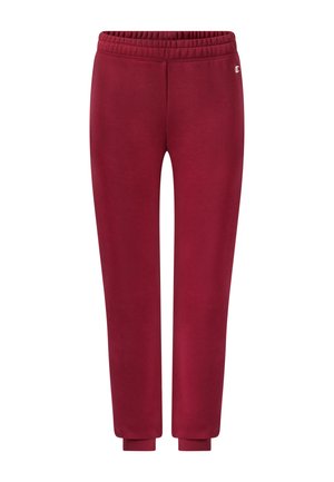 Red elastic-waist jogger pants with cuffed ankles and a small logo on the upper left thigh.