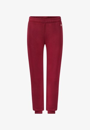 Rode joggingbroek met elastische taille, boorden bij de enkels en een klein logo op de bovenste linker dij.