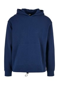 Marineblå hettegenser med teksturert stoff, justerbar snorhette, frontlomme og ribbestrikkede ermer. Enkel, avslappet design.