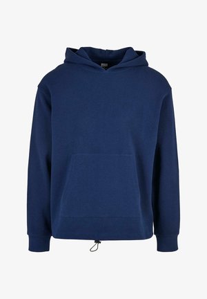 Sötétkék kapucnis pulóver struktúrált anyagból, állítható fűzős kapucnival, elülső zsebbel és bordázott mandzsettákkal. Egyszerű, laza kialakítás.