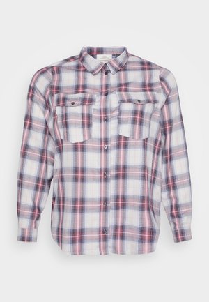 Plaid button-up shirt in white, blue, pink, and grey with long sleeves, two chest pockets, and a classic collar. Soft fabric texture.