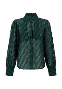 Groene doorschijnende blouse met een textuur van een geruit patroon, knoopsluiting aan de voorkant en geplooide mouwen. De stof heeft een zachte, lichte uitstraling.