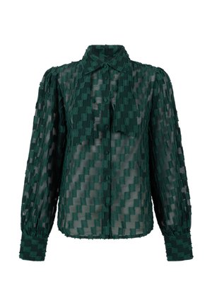 Groene doorschijnende blouse met een textuur van een geruit patroon, knoopsluiting aan de voorkant en geplooide mouwen. De stof heeft een zachte, lichte uitstraling.