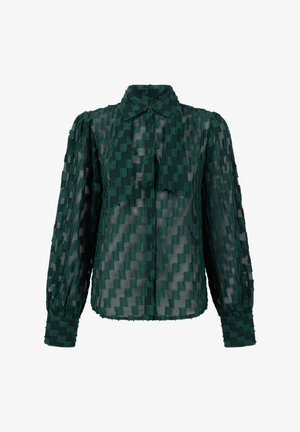 Groene doorschijnende blouse met een textuur van een geruit patroon, knoopsluiting aan de voorkant en geplooide mouwen. De stof heeft een zachte, lichte uitstraling.