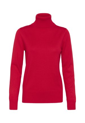Suéter de cuello alto rojo hecho de un tejido de punto suave. Presenta mangas largas, un cuello acanalado y un cuerpo texturizado con una silueta ajustada.