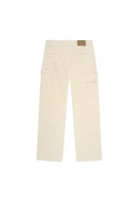 Beige bordás nadrág közepes magas derékkal, egyenes lábakkal, hátsó zsebekkel és oldalsó cargo zsebbel, cipzárral részletezve. Bőr logó címke is tartozik hozzá.