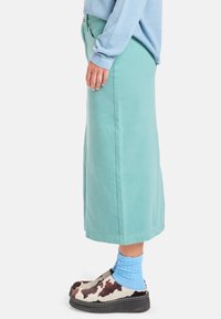 Lichtgroene katoenen rok, knie-lengte, met een eenvoudig ontwerp. Gecombineerd met schoenen met een patroon en blauwe geribbelde sokken.