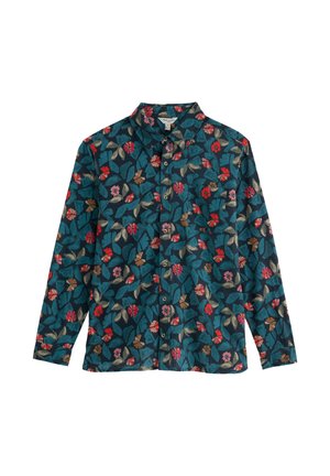 Garas piedurknes krekls tirkīza audumā ar ziedu rakstu, sarkaniem, rozā un bēšiem ziediem un zaļām lapām; ar pogām aizdares priekšpusē un apkakli.