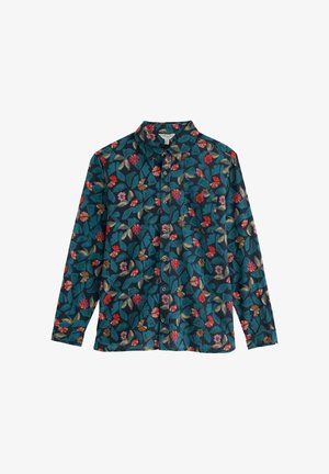 Košeľa s dlhým rukávom z tyrkysovej látky s kvetinovým vzorom červených, ružových a béžových kvetov a zelených listov; zapínanie na gombíky a golier.