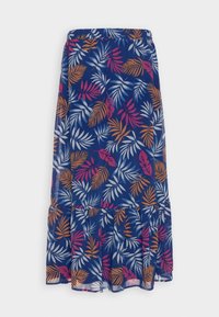 Kwiatowa spódnica maxi z granatowym tłem i kolorowymi wzorami liści w odcieniach różu, pomarańczy i niebieskiego, z elastycznym paskiem w talii i falbaniastym dołem.