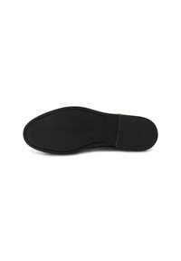 Black shoe sole with a smooth texture, rounded shape, and minimal tread design. Features a slight heel and understated branding detail.