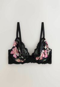 Soutien-gorge en dentelle florale noire avec imprimé floral rose et vert, détails en mesh transparent, bretelles réglables et bordure en dentelle festonnée.