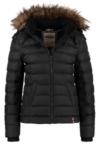 Puffy black jacket with quilted texture, zip closure, and detachable faux fur hood. Features side pockets and elastic cuffs for a snug fit.