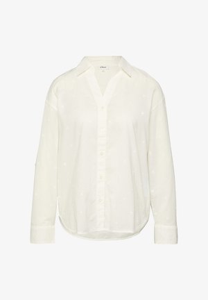 Witte lange mouw blouse met subtiele sterborduursels, klassieke kraag en afgeronde zoom.