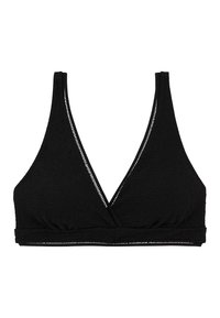 Haut de bikini triangulaire noir en tissu texturé, avec un décolleté en V et une finition décorative le long des bords. Bretelles ajustables pour un meilleur ajustement.