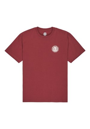 Bordeaux katoenen t-shirt met ronde hals, korte mouwen en een cirkelvormige grafische logo in het wit op het linker borstgebied. Effen achterkant.