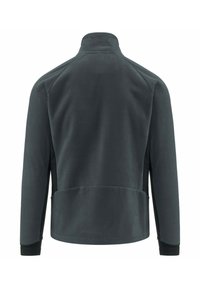 Giacca in fleece grigio scuro con colletto alto, maniche raglan, due tasche laterali e accenti di pannelli laterali neri. Texture liscia, design casual.