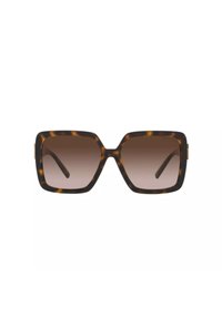 Occhiali da sole tartaruga marrone con montatura quadrata e lenti sfumate. Presentano aste spesse con un sottile dettaglio del logo sul lato.