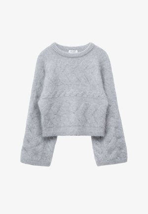 Gray cropped sweater with long sleeves, knitted texture, featuring a cable pattern and a ribbed neckline and hem. Made from soft material.