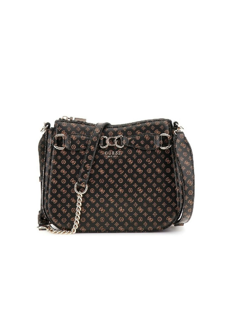 Borsa a tracolla sintetica nera con motivo logo su tutta la superficie, hardware argentato, tracolla a catena regolabile e finitura liscia. Forma compatta e rettangolare.