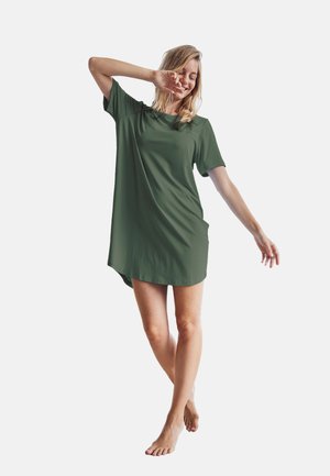 Olive green short-sleeve dress, loose fit, soft fabric, asymmetrical hem, minimal design, with a smooth texture and no visible patterns.