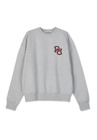 Gray sweatshirt with ribbed crew neck, long sleeves, and a maroon logo on the left chest. Made of soft, textured fabric.