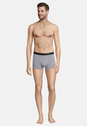 Graue Boxershorts mit einem schwarzen Bund, aus weichem Stoff, mit einer enganliegenden Passform und glatter Textur. Keine sichtbaren Muster oder Akzente.