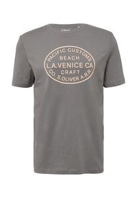 Graues Baumwoll-T-Shirt mit rundem Ausschnitt, kurzen Ärmeln und einem bedruckten ovalen Logo in Pink mit dem Text: "PACIFIC CUSTOMS BEACH L.A. VENICE CA."