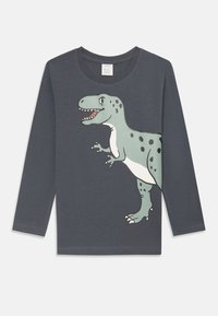 Long-sleeve grey shirt made of cotton, featuring a dinosaur graphic in green and white with black spots on the front. Round neckline.