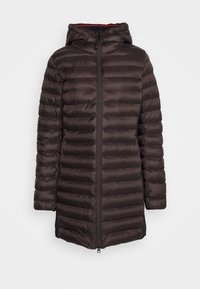 Mörkbrun vadderad jacka med huva, med ett horisontellt quiltat mönster, dragkedja framtill och slät, lättviktig tyg.