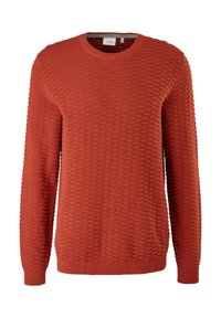 Pomarańczowy sweter o fakturowanej strukturze z okrągłym dekoltem, z żebrowanym splotem, długimi rękawami i prostym dołem. Wykonany z miękkiego materiału.