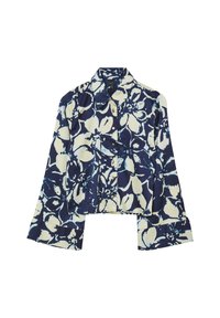 Chemise à manches longues, coupée, en motif floral bleu marine et crème, avec un col pointu et des boutons dorés. Tissu texturé.