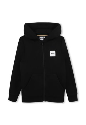 Sweat à capuche noir zippé avec capuche, poches avant et un patch logo carré blanc avec l'inscription "BOSS" sur la poitrine gauche.