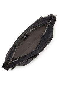 Black zippered pouch bag made of textured material with a geometric pattern. Interior lined in light gray, features brand label and zipper details.