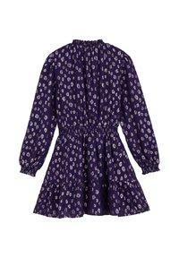 Ljubičasta haljina s dugim puff rukavima, elastičnim strukom i višeslojnim suknjom ukrašenom bijelim točkicama.