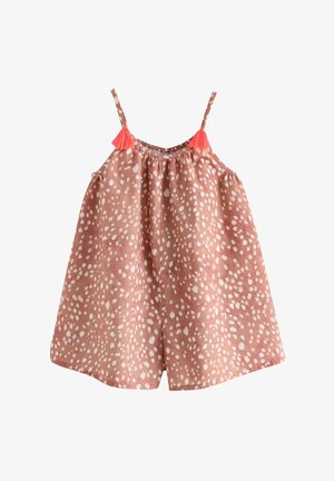 Ærmeløs pink romper med hvide uregelmæssige pletter, tynde stropper og koralfarvede frynser på hver strop.